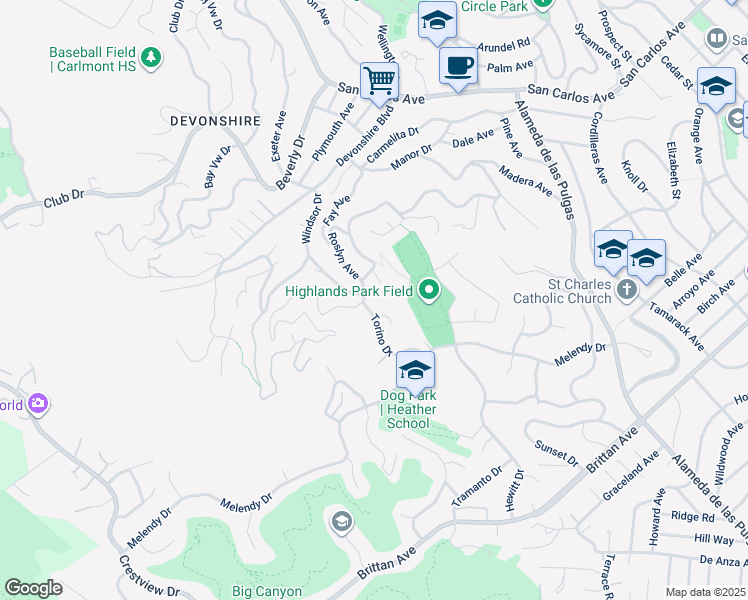 map of restaurants, bars, coffee shops, grocery stores, and more near 2 Winding Way in San Carlos