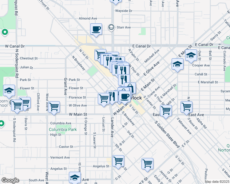 map of restaurants, bars, coffee shops, grocery stores, and more near 247 North Broadway in Turlock