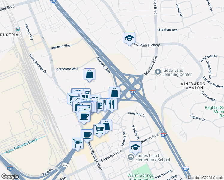 map of restaurants, bars, coffee shops, grocery stores, and more near 301 Brown Road in Fremont