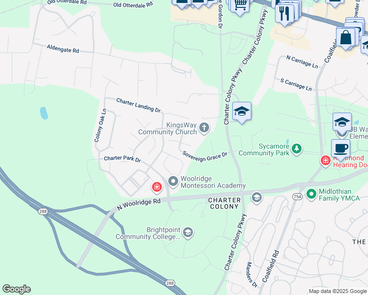 map of restaurants, bars, coffee shops, grocery stores, and more near 14025 Shawhan Court in Midlothian