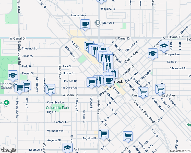 map of restaurants, bars, coffee shops, grocery stores, and more near 247 North Broadway in Turlock