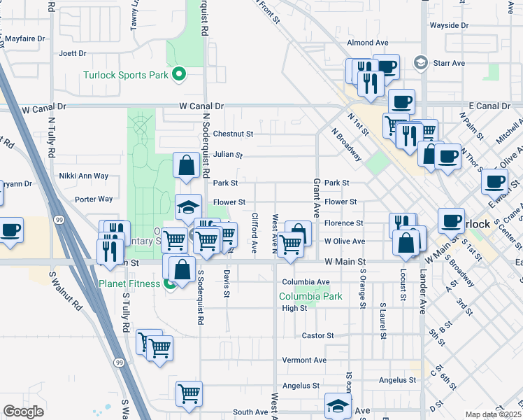 map of restaurants, bars, coffee shops, grocery stores, and more near 344 Clifford Avenue in Turlock