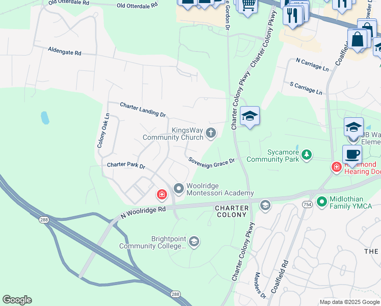 map of restaurants, bars, coffee shops, grocery stores, and more near 14025 Shawhan Court in Midlothian