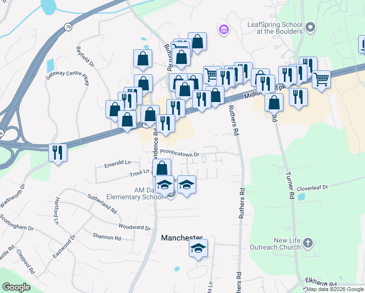map of restaurants, bars, coffee shops, grocery stores, and more near 8102 Provincetown Drive in Richmond