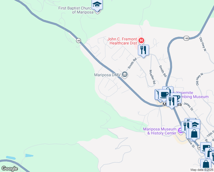 map of restaurants, bars, coffee shops, grocery stores, and more near 5277 California 49 in Mariposa