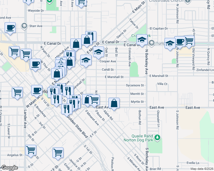 map of restaurants, bars, coffee shops, grocery stores, and more near 1243 Sycamore Street in Turlock