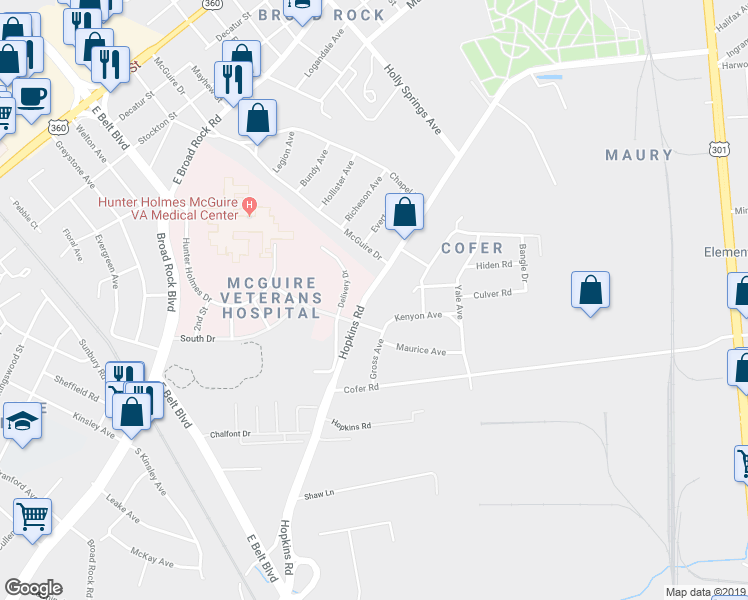 map of restaurants, bars, coffee shops, grocery stores, and more near 1637 Hopkins Road in Richmond