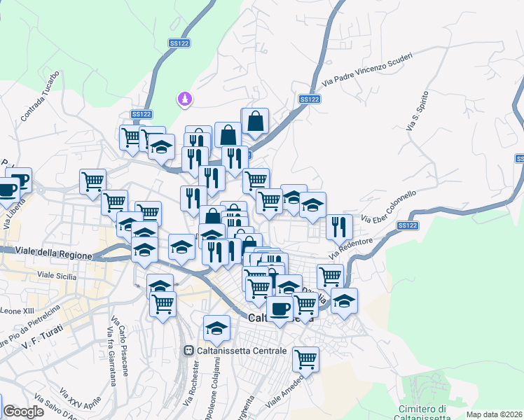 map of restaurants, bars, coffee shops, grocery stores, and more near 32 Via San Giovanni Bosco in Caltanissetta