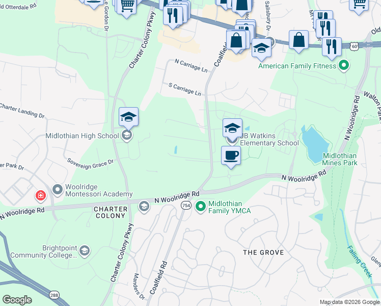 map of restaurants, bars, coffee shops, grocery stores, and more near 460 Coalfield Road in Midlothian