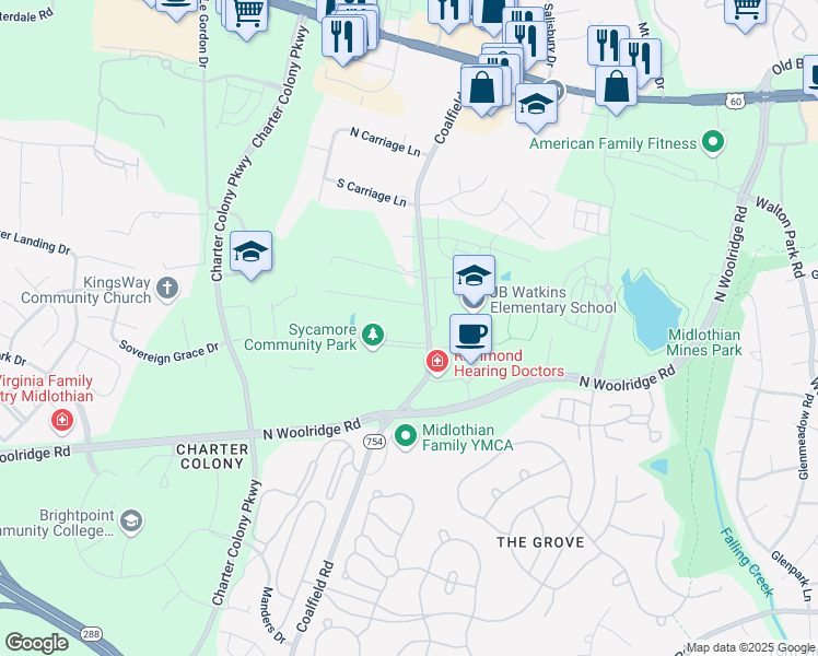 map of restaurants, bars, coffee shops, grocery stores, and more near 460 Coalfield Road in Midlothian