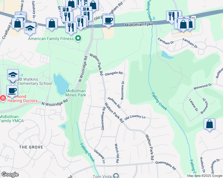 map of restaurants, bars, coffee shops, grocery stores, and more near 12901 Oak Creek Terrace in Midlothian