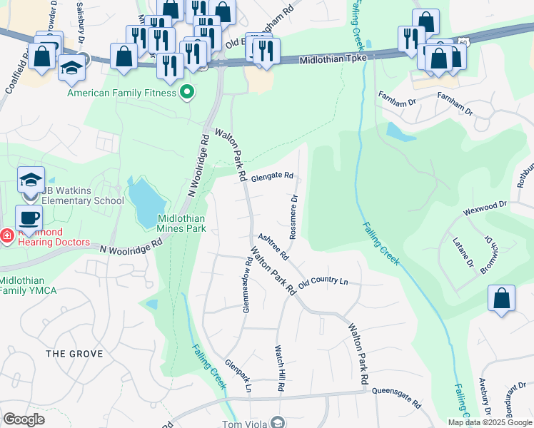 map of restaurants, bars, coffee shops, grocery stores, and more near 12901 Oak Creek Terrace in Midlothian