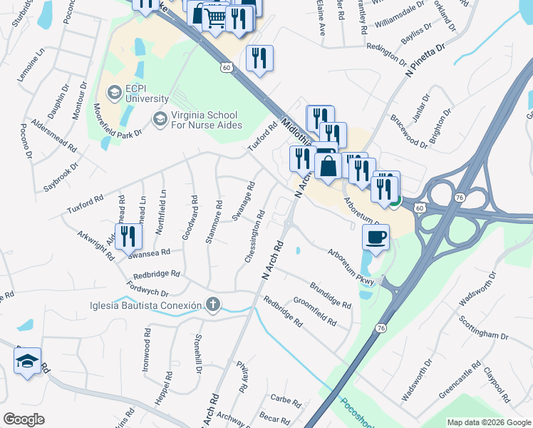 map of restaurants, bars, coffee shops, grocery stores, and more near 211 Chessington Road in Richmond