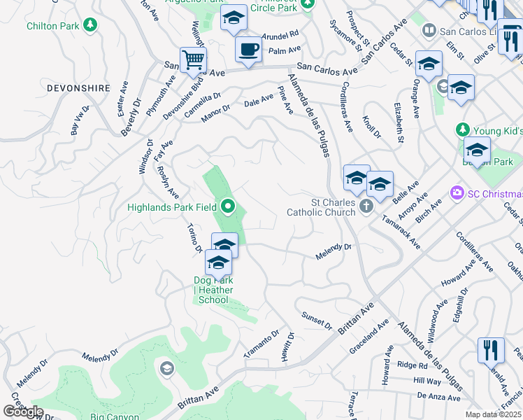 map of restaurants, bars, coffee shops, grocery stores, and more near 156 Glasgow Lane in San Carlos