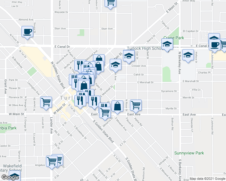 map of restaurants, bars, coffee shops, grocery stores, and more near 540 Hamilton Street in Turlock