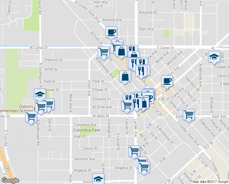 map of restaurants, bars, coffee shops, grocery stores, and more near 338 Flower Street in Turlock