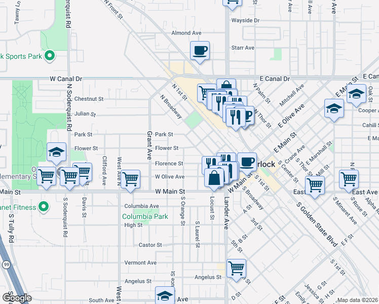 map of restaurants, bars, coffee shops, grocery stores, and more near 338 Flower Street in Turlock