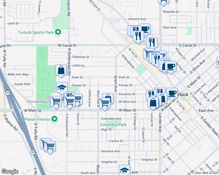 map of restaurants, bars, coffee shops, grocery stores, and more near 610 Flower Street in Turlock