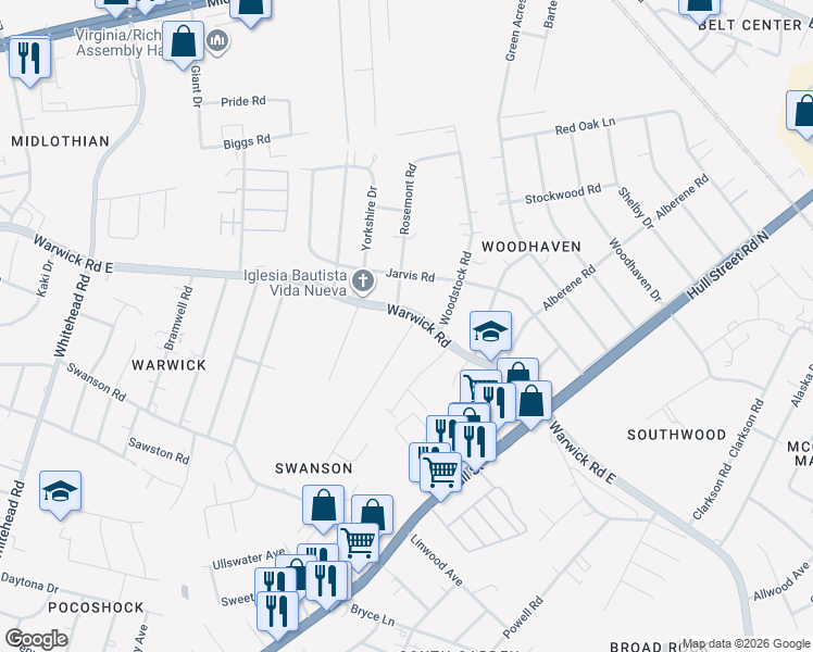 map of restaurants, bars, coffee shops, grocery stores, and more near 5511 Warwick Road in Richmond