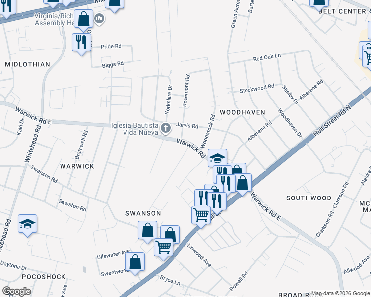 map of restaurants, bars, coffee shops, grocery stores, and more near 5511 Warwick Road in Richmond