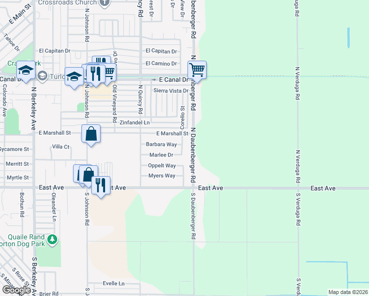 map of restaurants, bars, coffee shops, grocery stores, and more near 380 Corello Street in Turlock