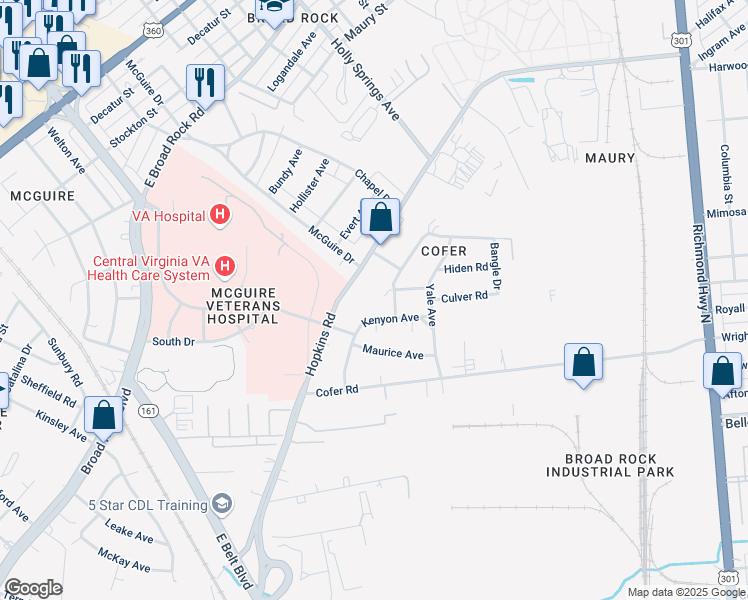 map of restaurants, bars, coffee shops, grocery stores, and more near 1612 Talbert Drive in Richmond