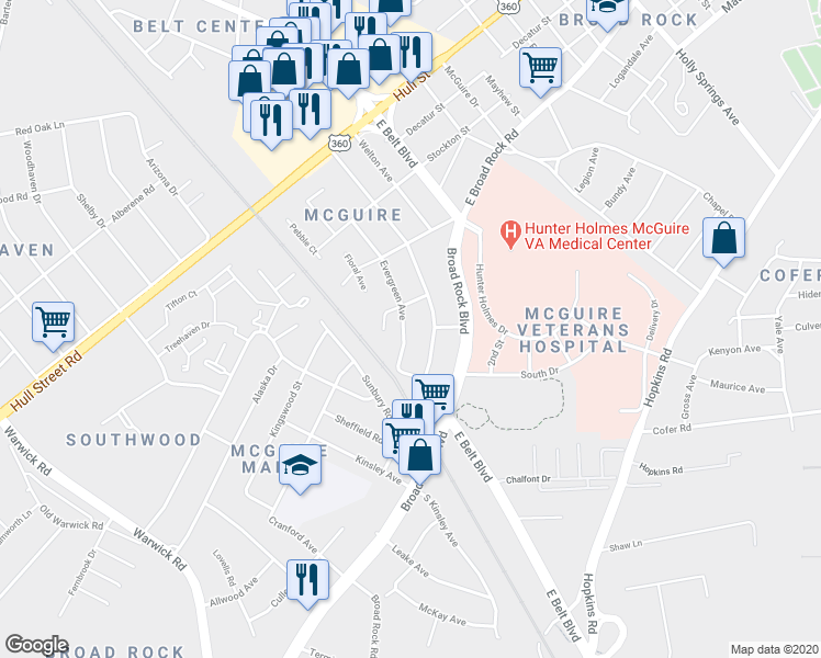 map of restaurants, bars, coffee shops, grocery stores, and more near 1319 Evergreen Avenue in Richmond