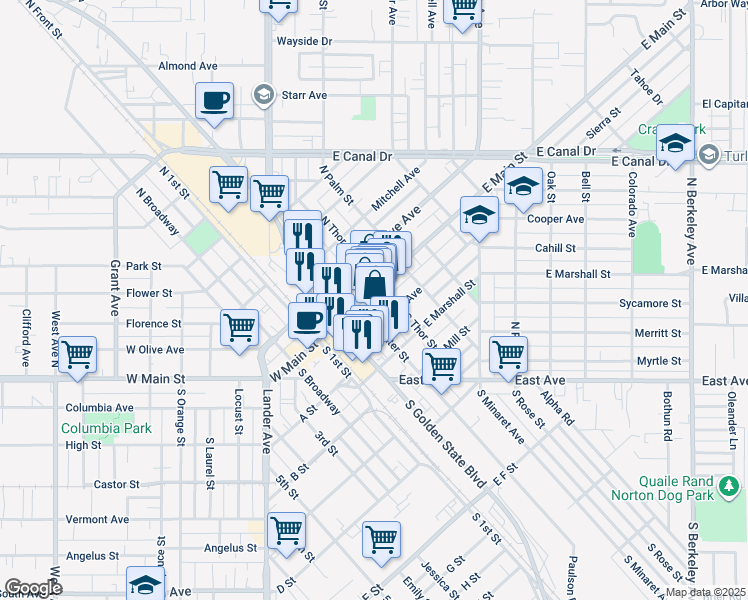 map of restaurants, bars, coffee shops, grocery stores, and more near 310 East Main Street in Turlock