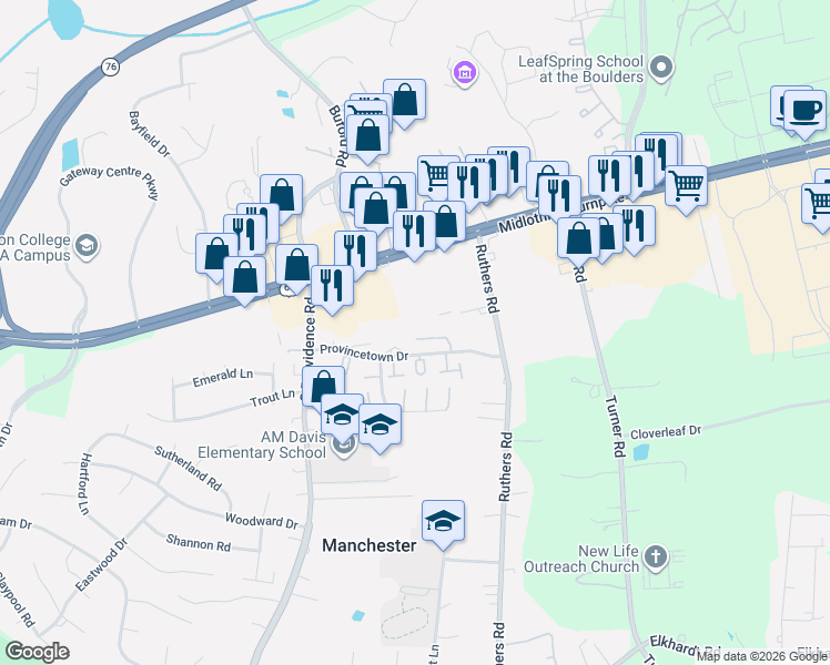 map of restaurants, bars, coffee shops, grocery stores, and more near 7934 Provincetown Drive in Richmond