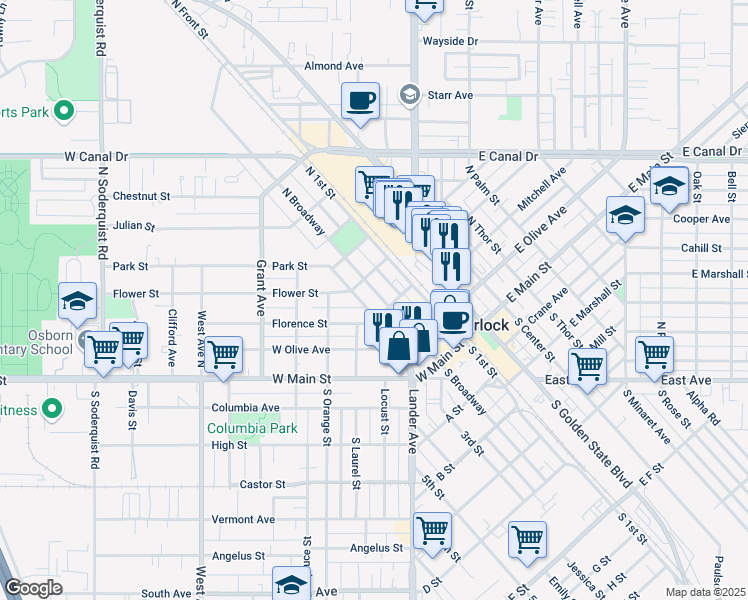 map of restaurants, bars, coffee shops, grocery stores, and more near 316 North Broadway in Turlock