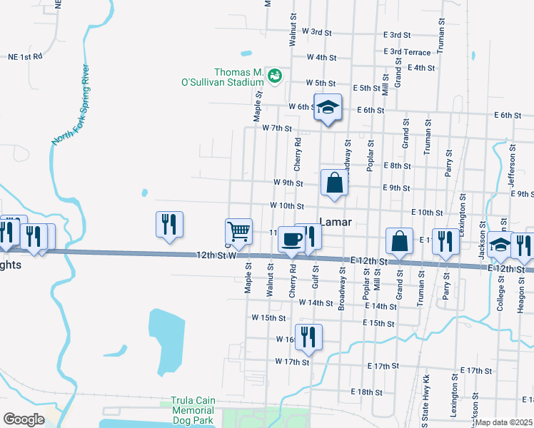 map of restaurants, bars, coffee shops, grocery stores, and more near 405 West 10th Street in Lamar