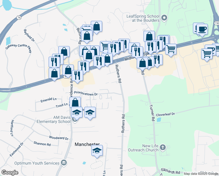 map of restaurants, bars, coffee shops, grocery stores, and more near 7910 Provincetown Drive in Richmond