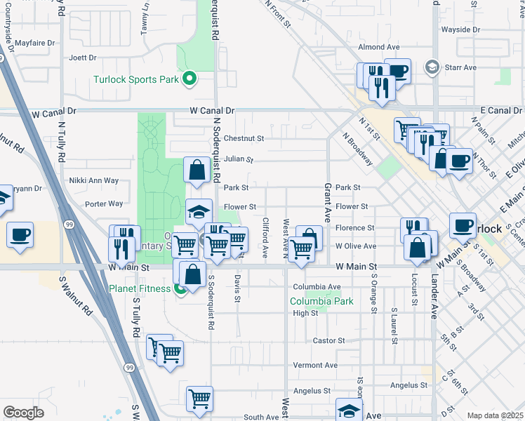 map of restaurants, bars, coffee shops, grocery stores, and more near 341 Clifford Avenue in Turlock