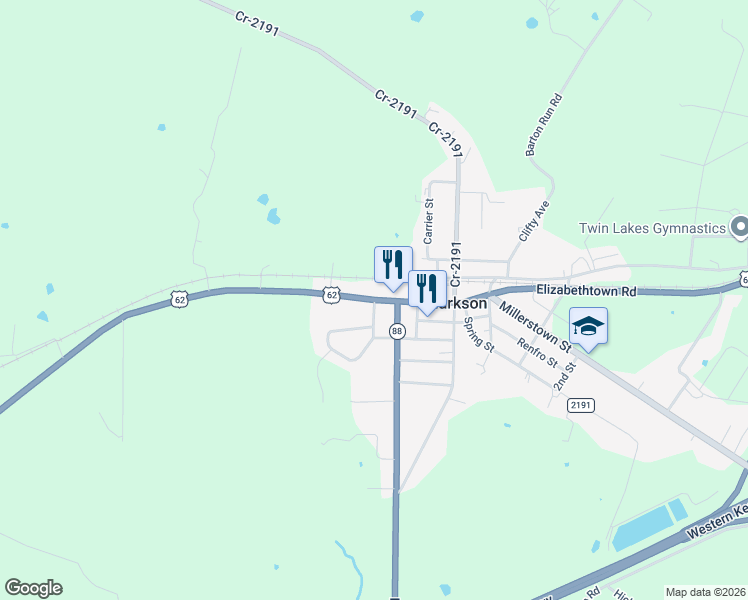 map of restaurants, bars, coffee shops, grocery stores, and more near 141 Elizabethtown Road in Clarkson