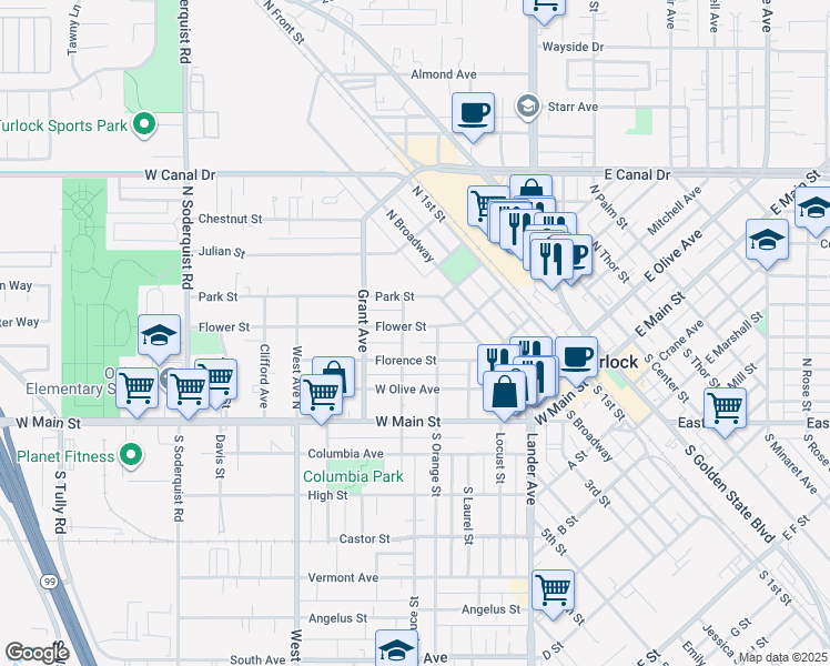 map of restaurants, bars, coffee shops, grocery stores, and more near 430 Flower Street in Turlock