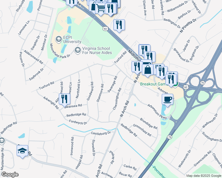 map of restaurants, bars, coffee shops, grocery stores, and more near 101 Earls Gate Road in Richmond