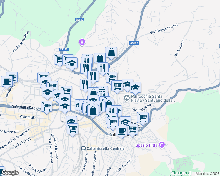 map of restaurants, bars, coffee shops, grocery stores, and more near 134 Via Redentore in Caltanissetta