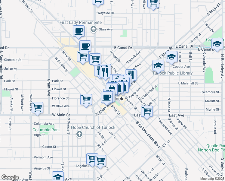 map of restaurants, bars, coffee shops, grocery stores, and more near 128 North Center Street in Turlock