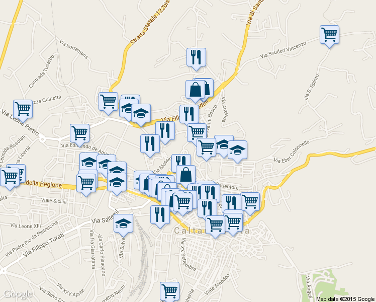 map of restaurants, bars, coffee shops, grocery stores, and more near 134 Via Redentore in Caltanissetta