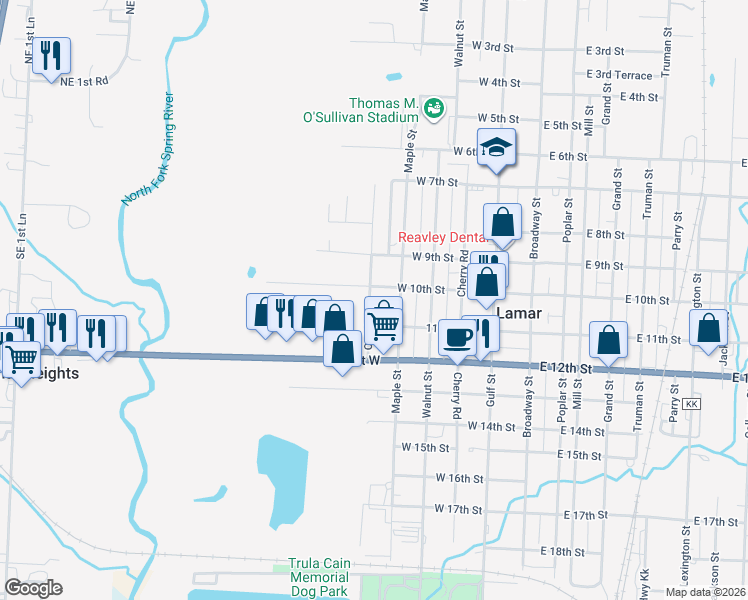 map of restaurants, bars, coffee shops, grocery stores, and more near 1004 Oak Street in Lamar