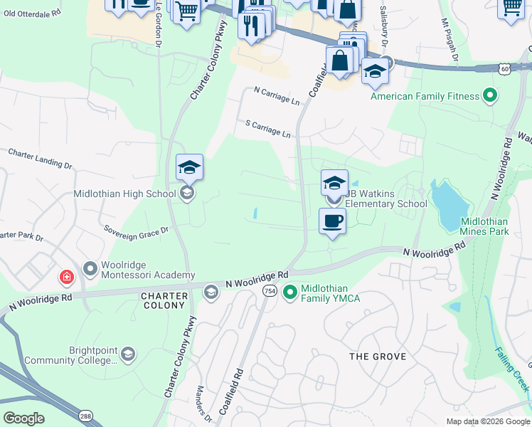 map of restaurants, bars, coffee shops, grocery stores, and more near 500 Coalfield Road in Midlothian
