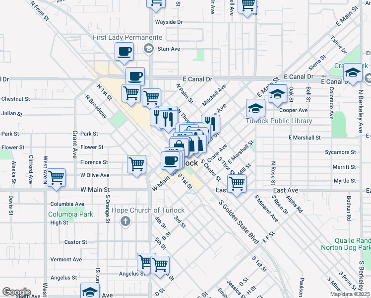 map of restaurants, bars, coffee shops, grocery stores, and more near 128 North Center Street in Turlock