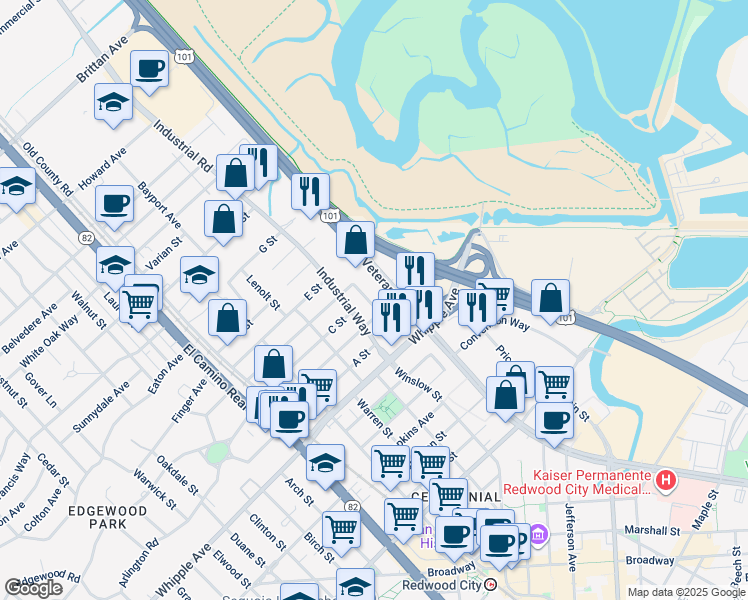 map of restaurants, bars, coffee shops, grocery stores, and more near 1590 Tacoma Way in Redwood City