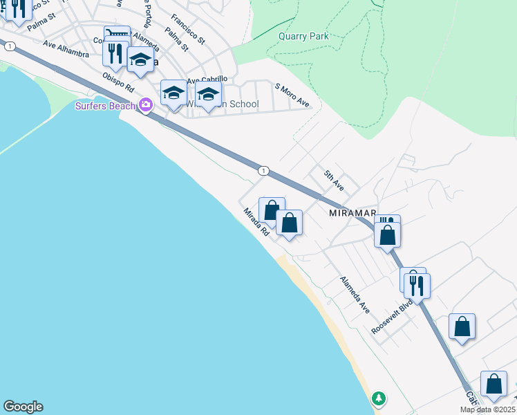 map of restaurants, bars, coffee shops, grocery stores, and more near 120 Coronado Avenue in Half Moon Bay