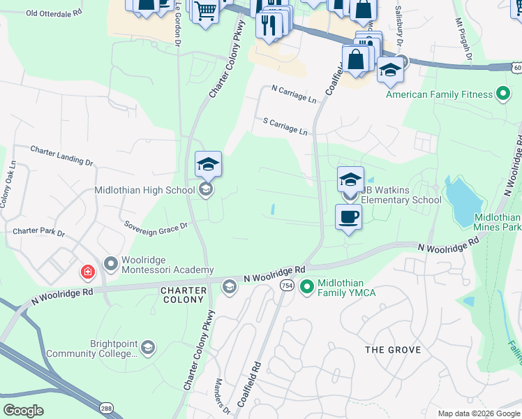map of restaurants, bars, coffee shops, grocery stores, and more near 500 Coalfield Road in Midlothian