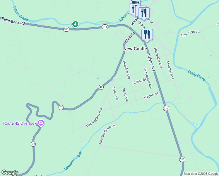 map of restaurants, bars, coffee shops, grocery stores, and more near Cumberland Avenue in New Castle