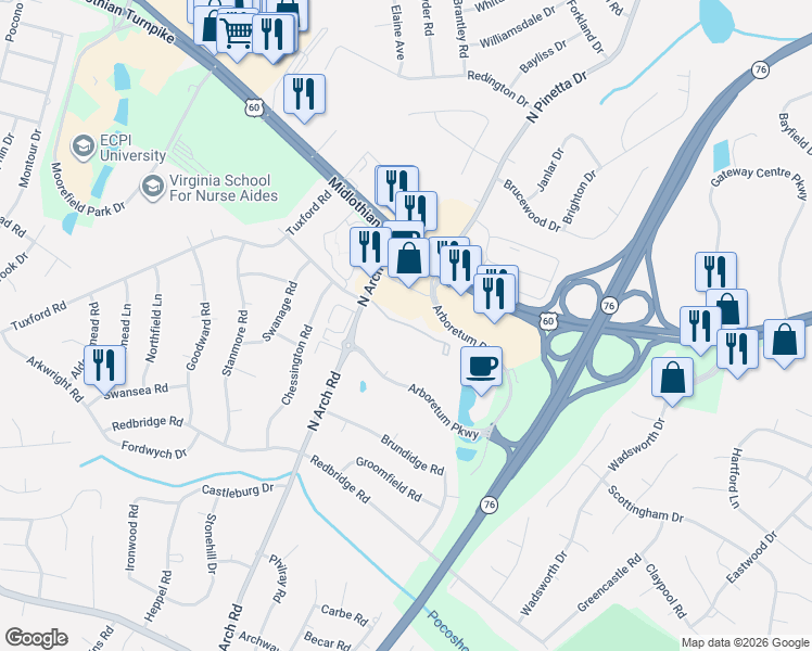 map of restaurants, bars, coffee shops, grocery stores, and more near 9111 North Arch Village Court in Richmond