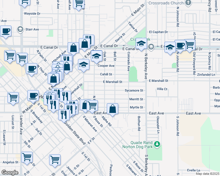 map of restaurants, bars, coffee shops, grocery stores, and more near 1319 Sycamore Street in Turlock
