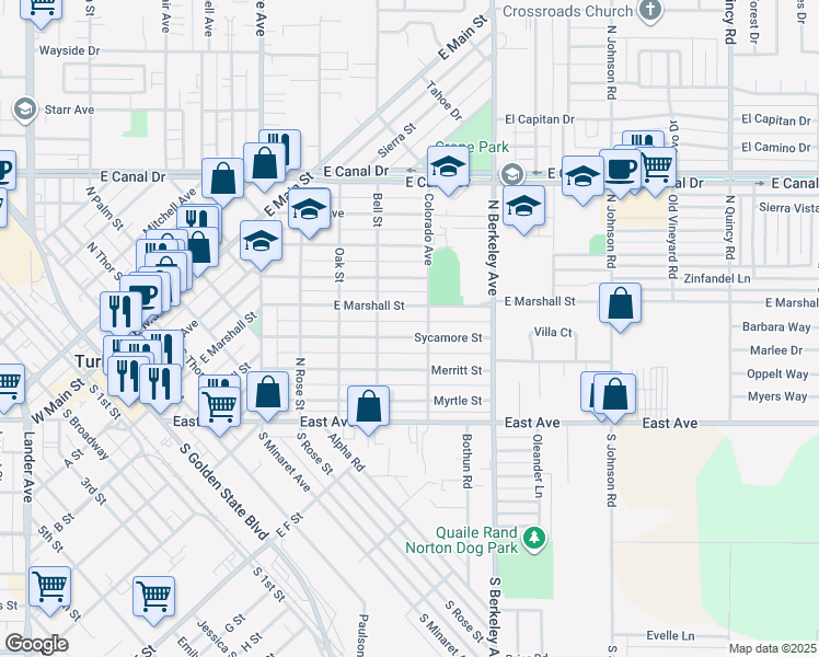 map of restaurants, bars, coffee shops, grocery stores, and more near 1425 Sycamore Street in Turlock