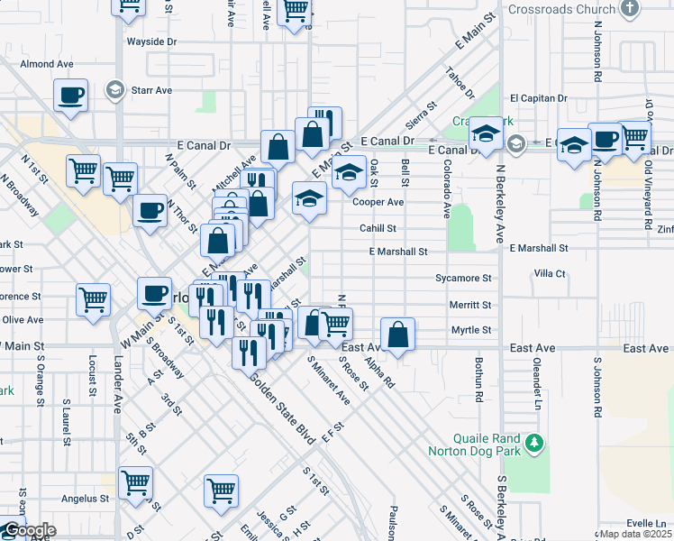 map of restaurants, bars, coffee shops, grocery stores, and more near 1129 Sycamore St in Turlock